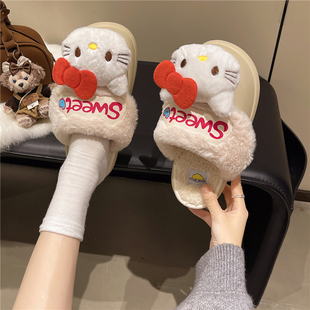 厚底加绒包头防水棉拖鞋 HelloKitty凯蒂猫毛毛拖鞋 女外穿25年冬款