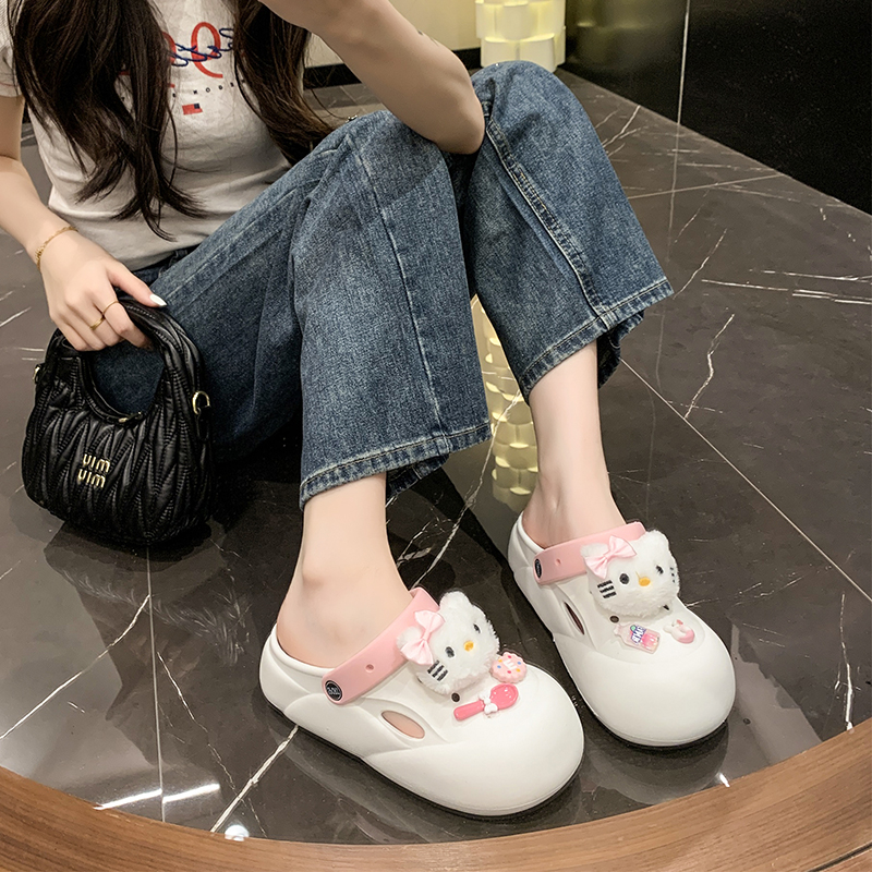 甜萌卡通Kitty洞洞鞋女厚底镂空透气两穿凉鞋凯蒂猫舒适防滑凉拖