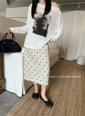 T台/T-PLATFORM 100%亚麻波点刺绣半身裙女夏季简约百搭裙子16289