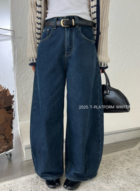 ［T台］T-PLATFORM广州十三行小个子冬季穿搭复古薄绒牛仔裤93230