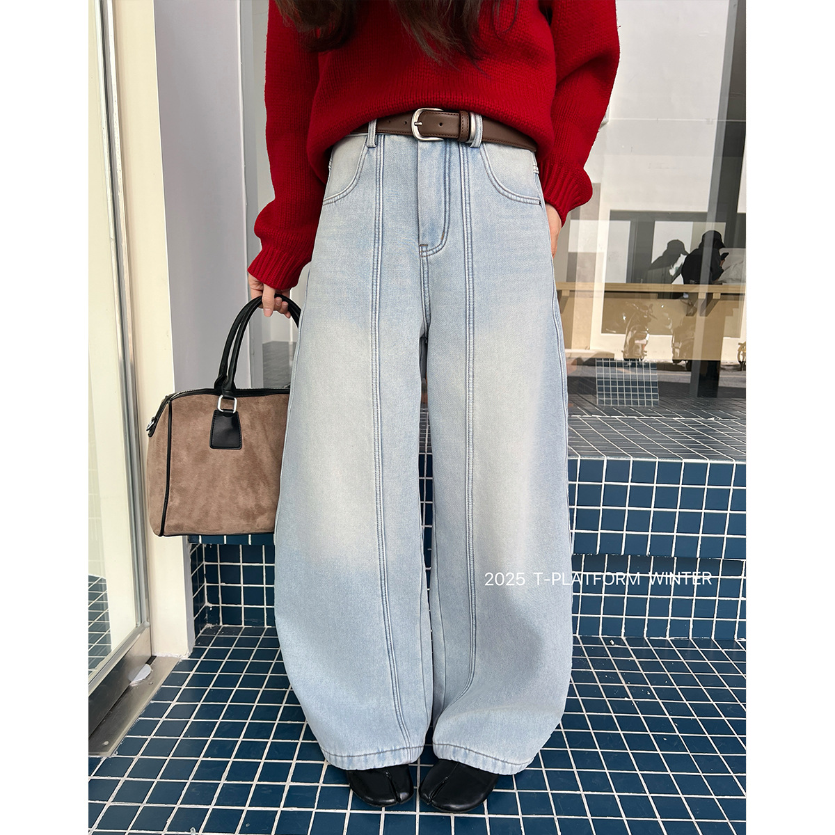 T台2025冬款厚绒香蕉牛仔裤
