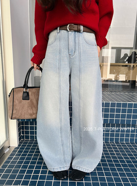 ［T台］T-PLATFORM2025冬款厚绒香蕉裤高腰宽松设计感牛仔裤93306