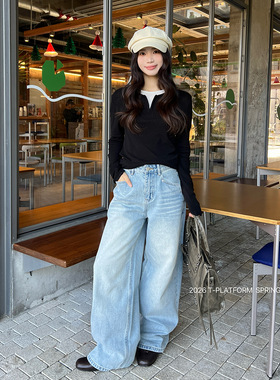 T-PLATFORM 早春新款复古蓝前袋设计感水洗牛仔裤高腰拖地裤68079