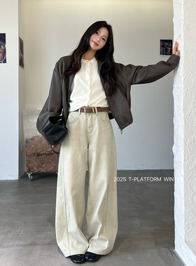 ［T台］T-PLATFORM 冬季新款厚绒牛仔裤梨形身材显瘦阔腿裤93252