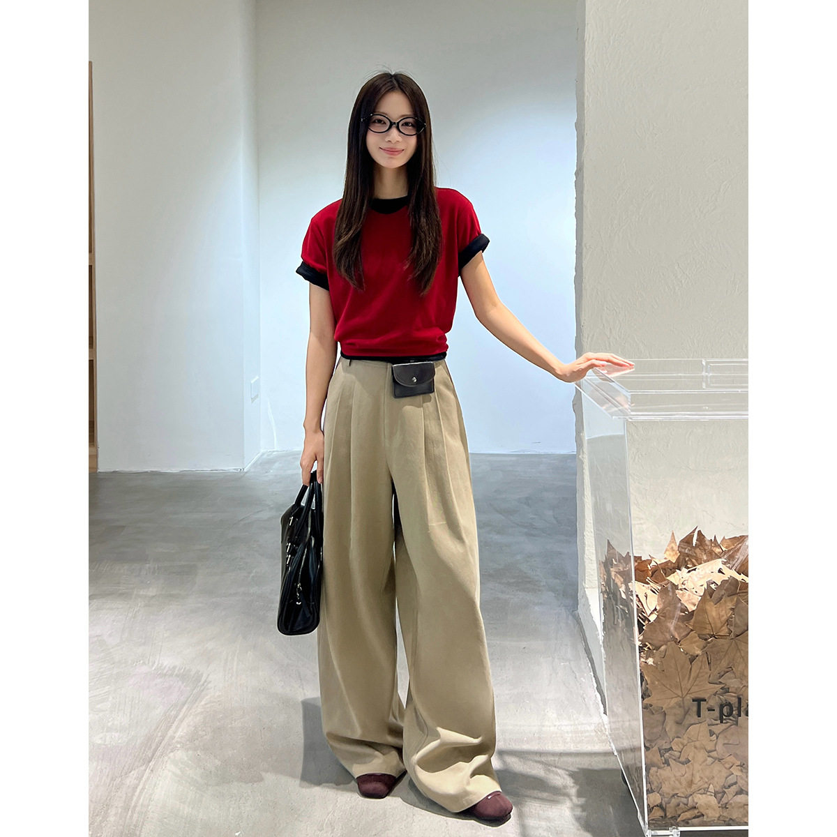 T-PLATFORM 新款纯色裤子垂感遮胯宽松显瘦休闲裤女配腰包83029-1