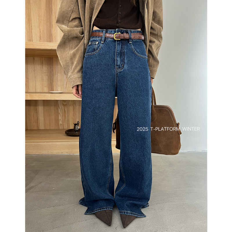 T台新款抓毛牛仔拖地裤
