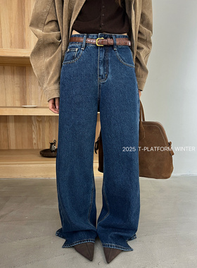 ［T台］T-PLATFORM广州十三行 冬季新款抓毛牛仔拖地裤慵懒风1236
