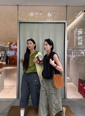T-PLATFORM广州十三行 美式复古多口袋弯刀工装裤女七分裤夏16519