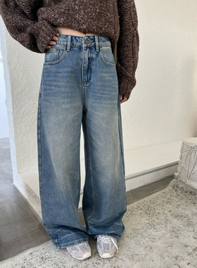 ［T台］T-PLATFORM广州十三行冬季薄绒牛仔裤美式复古拖地裤93175