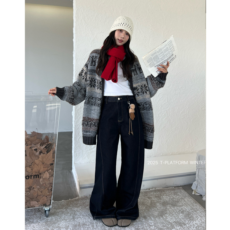 ［T台］T-PLATFORM广州十三行显瘦拖地裤冬季新款植绒牛仔裤93308