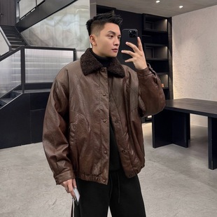 22号穿搭【复古硬汉皮衣】冬季加绒保暖拼接毛领保暖夹克外套