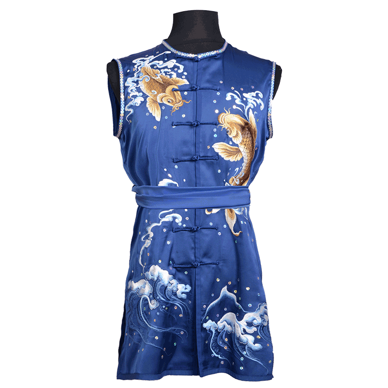 言一青年男无袖南拳服真丝彩服
