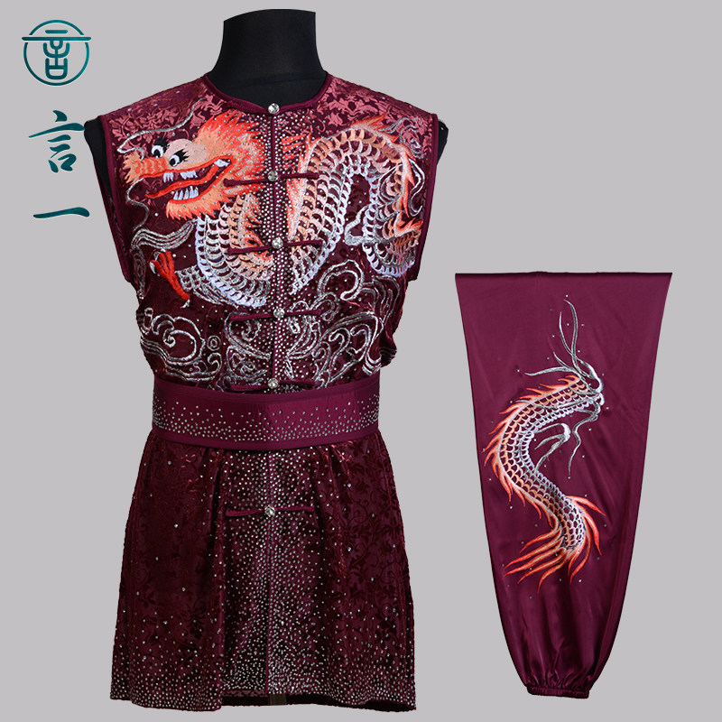 言一武术南拳丝绒镂空刺绣比赛武术服表演服烫钻彩服男定做