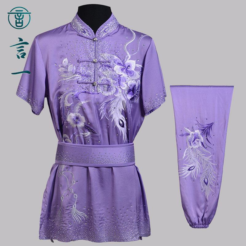 言一武术紫色绣花比赛服竞技长拳服彩服练功服女定做体考
