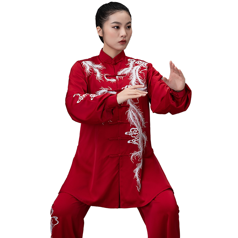 言一酒红缎面绣花太极服