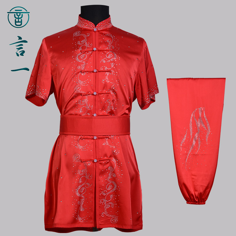 言一武术新款红色亮钻彩服武术服长拳中国功夫比赛服表演服儿童