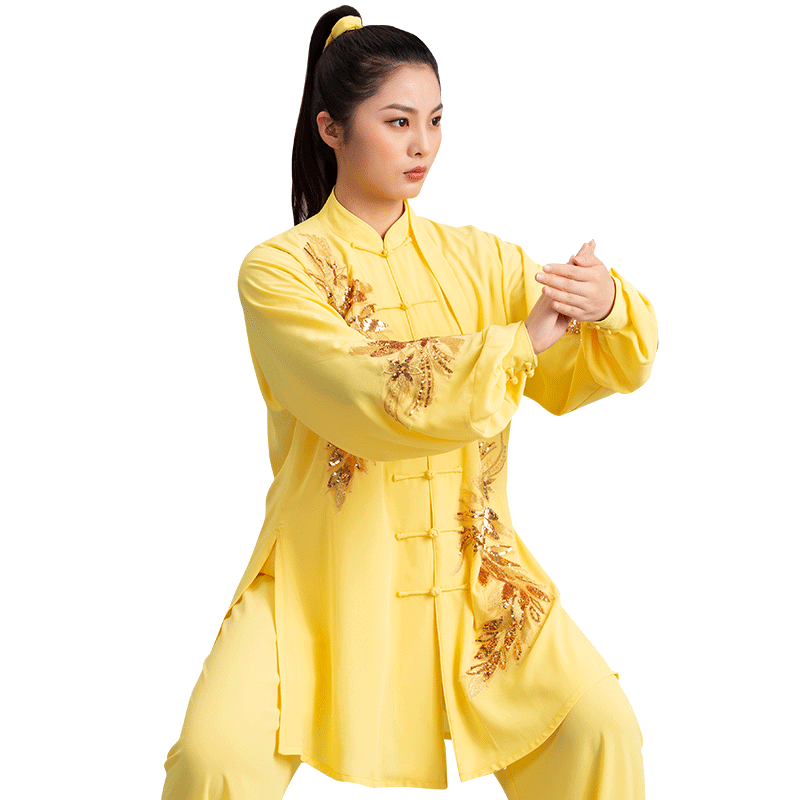 言一春季黄色丝麻比赛下垂太极服