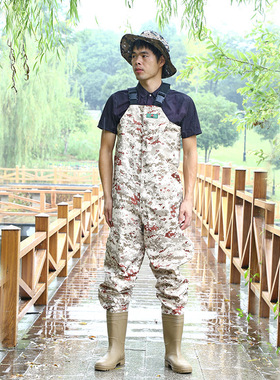 绿色森林迷彩日本款下水裤韩国版钓鱼抓鱼裤420D捕鱼裤