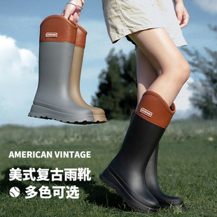 复古圆头防滑雨鞋成人女款雨靴外穿溯溪长筒水鞋四季水靴露营单鞋