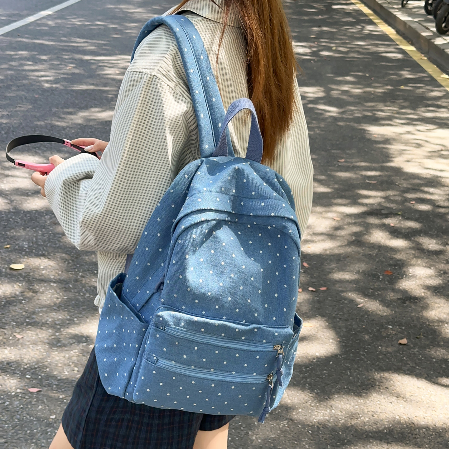 韩系ins风蓝色波点女双肩包