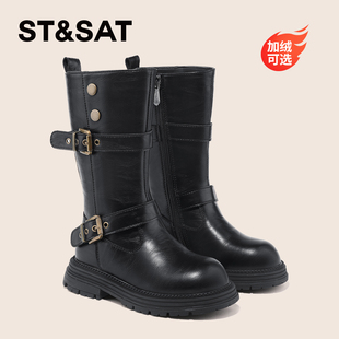 星期六童鞋女童圆头马丁靴2025秋冬新款英伦复古中筒靴真皮短靴子