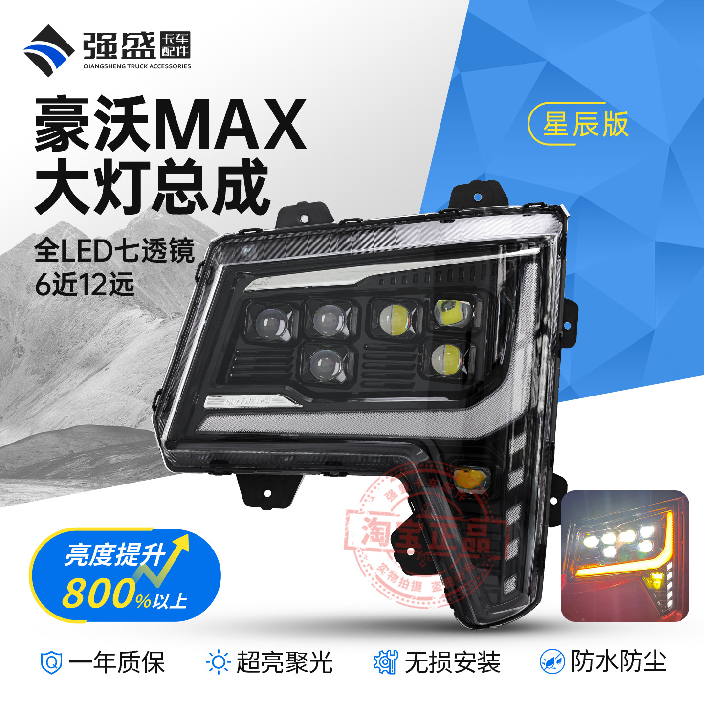适用重汽豪沃MAX大灯总成超亮矩阵式七透镜LED原厂改装激光前照灯