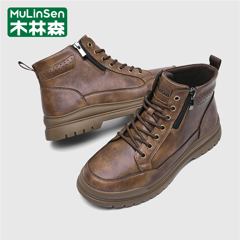 木林森马丁靴男冬季休闲运动英伦商务真皮中高帮复古工装登山皮鞋