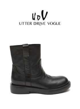 UDV油蜡牛皮瘦瘦靴女2025秋季新款复古工装靴西部牛仔中筒时装靴