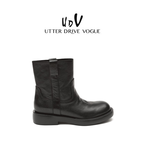 UDV油蜡牛皮瘦瘦靴女2025秋季新款复古工装靴西部牛仔中筒时装靴