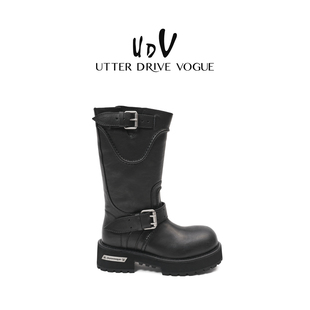 UDV水洗牛皮机车短靴女2025秋季 复古街头暗黑风增高中筒靴 新款