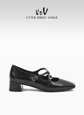 UDV复古方头玛丽珍粗跟单鞋女2025春季新款法式小皮鞋交叉扣带