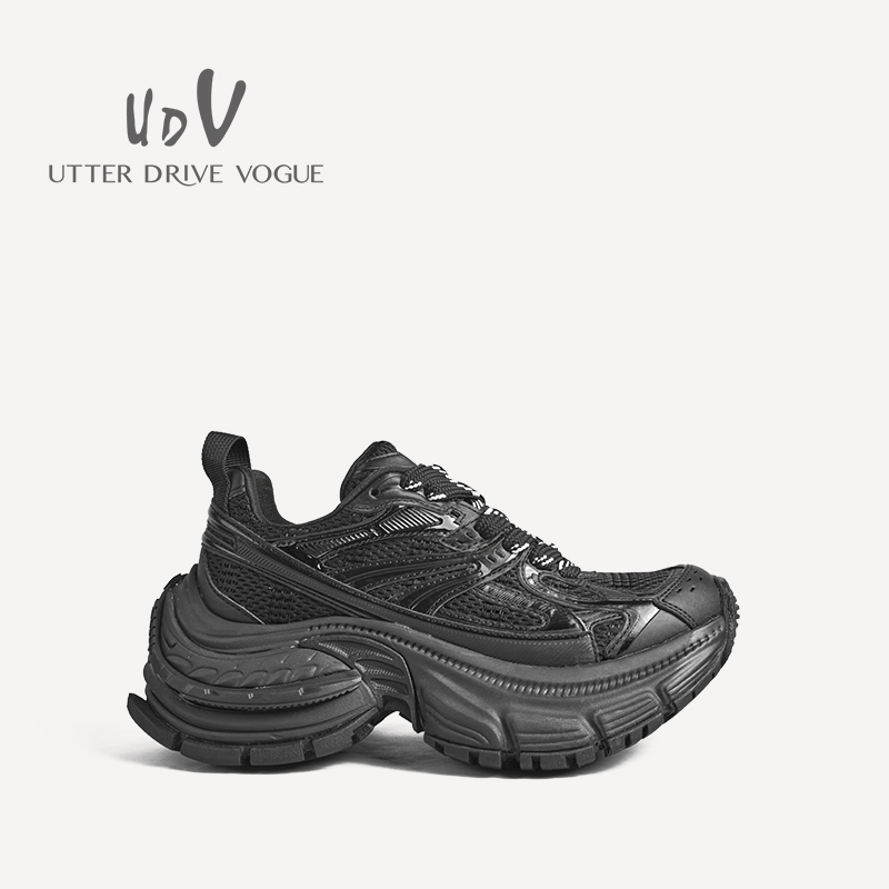 UDV2024秋季新款真皮增高时尚百搭厚底轮胎网面透气休闲运动鞋