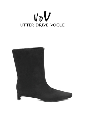 UDV真皮复古方头靴子女2025秋季新款切尔西靴宽筒瘦瘦靴羊皮靴子