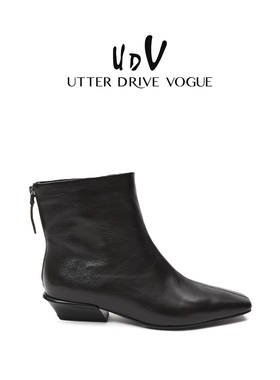 UDV气质女神羊皮时装短靴女2025秋季新款粗跟裸靴韩版优雅瘦瘦靴