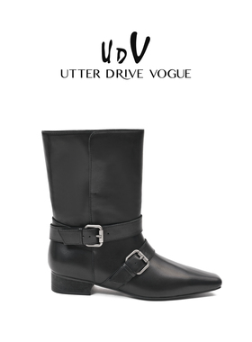 UDV真皮尖头高跟短靴女2025秋季新款裤管鞋子粗跟港风超火小短靴