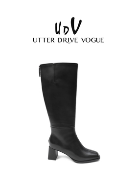 UDV质感真皮粗跟高筒骑士靴2025秋冬款复古牛皮革时尚粗跟长筒靴