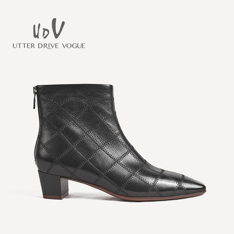 UDV2024秋冬新品真皮羊皮时装裸靴方圆头粗跟时尚女鞋短靴子