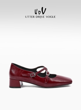 UDVUDV复古方头玛丽珍粗跟单鞋女2025春季新款法式小皮鞋高跟鞋