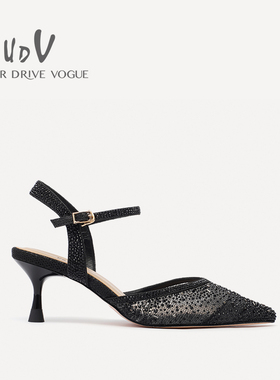 UDV2024春夏款仙女风水钻高跟鞋气质尖头一字扣透气网纱细跟凉鞋