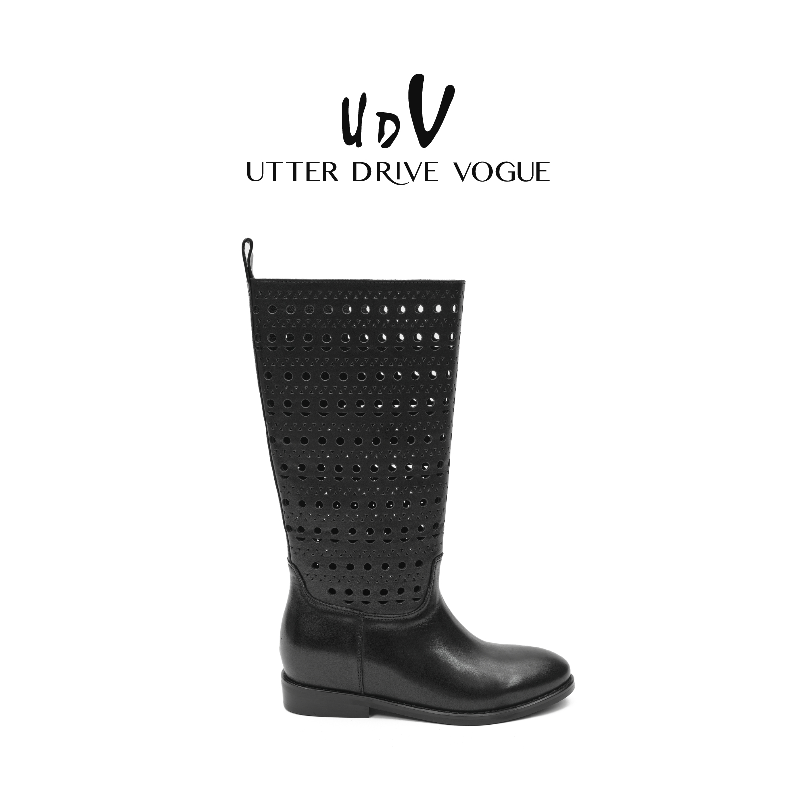 UDV真皮长筒靴女西部风情2025秋季新款时尚洞洞镂空套筒骑士靴