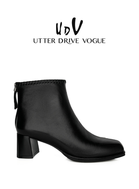 UDV羊皮瘦瘦靴粗跟短靴女2025秋冬新款高跟鞋切尔西靴法式小踝靴