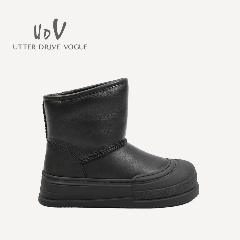 UDV2024秋冬新品真皮羊皮毛一体时尚雪地靴圆头平底中筒休闲女鞋