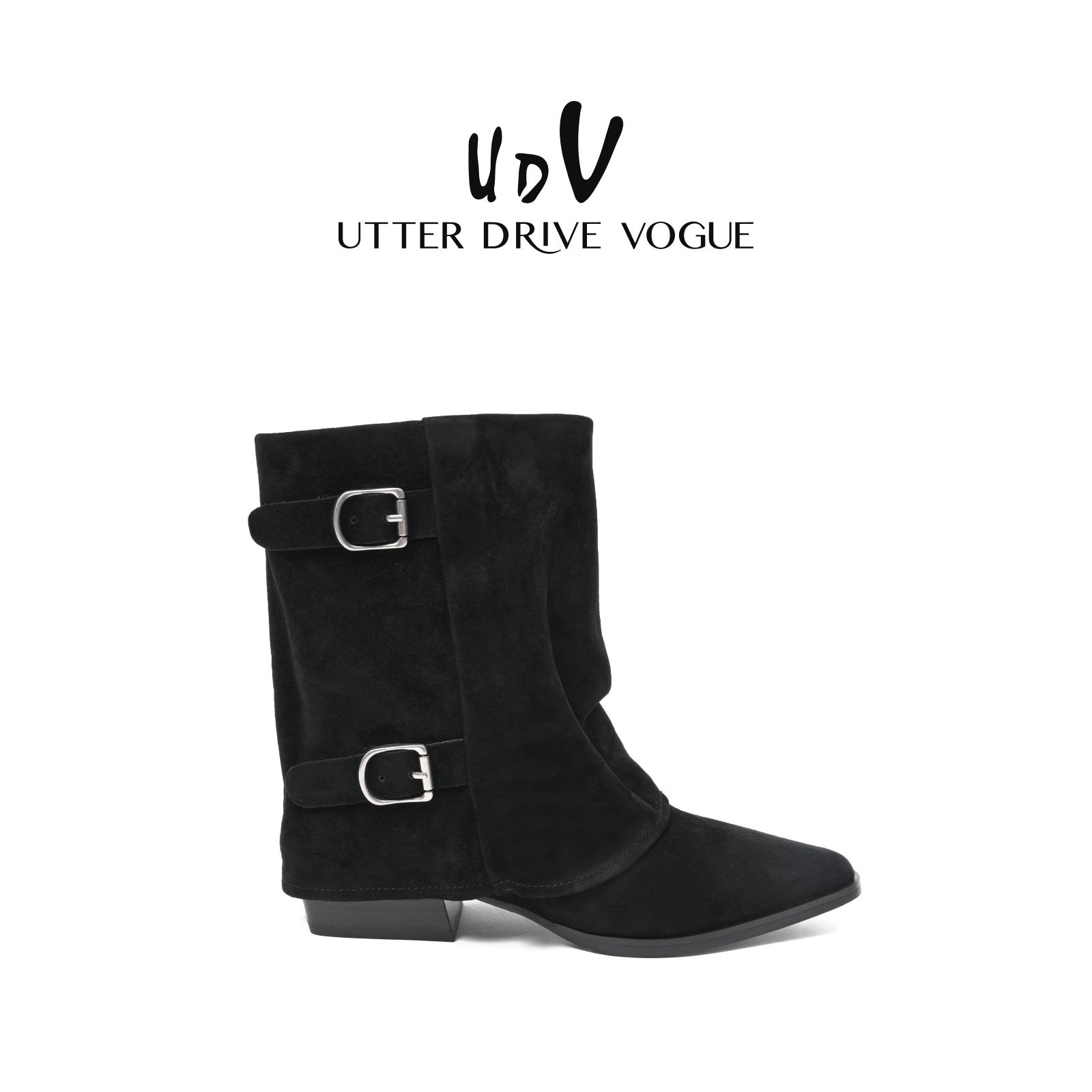 UDV时髦裤管靴女2025秋冬新款真皮皮带扣时装靴羊皮中筒西部短靴