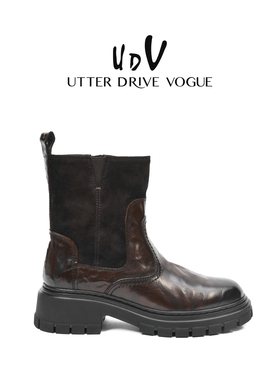 UDV真皮铅笔短靴女2026春季新款切尔西机车短靴烟筒靴英伦风时尚