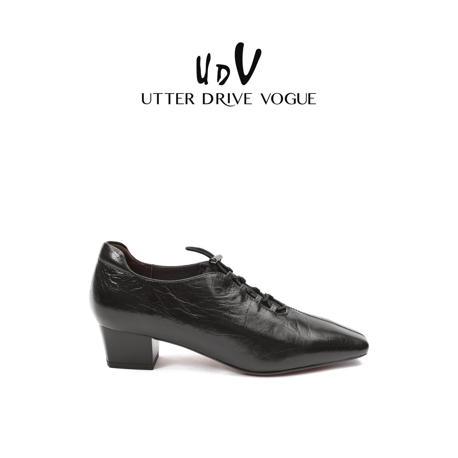 UDV真皮方头细带黑色高跟鞋女2025秋季新款粗跟单鞋