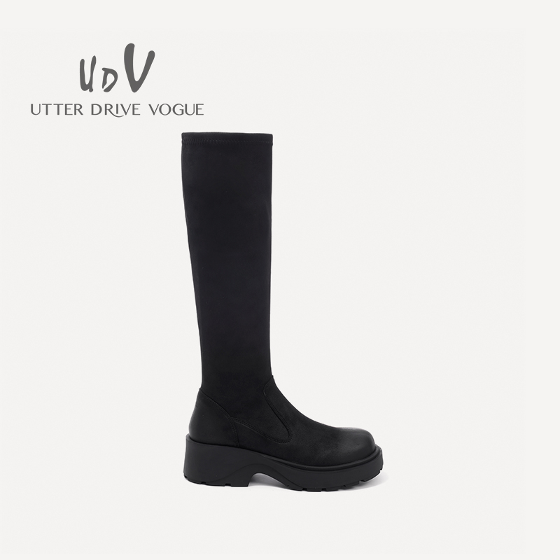 UDV2024秋冬新品英伦风弹力高靴圆头平底时尚女鞋休闲袜靴