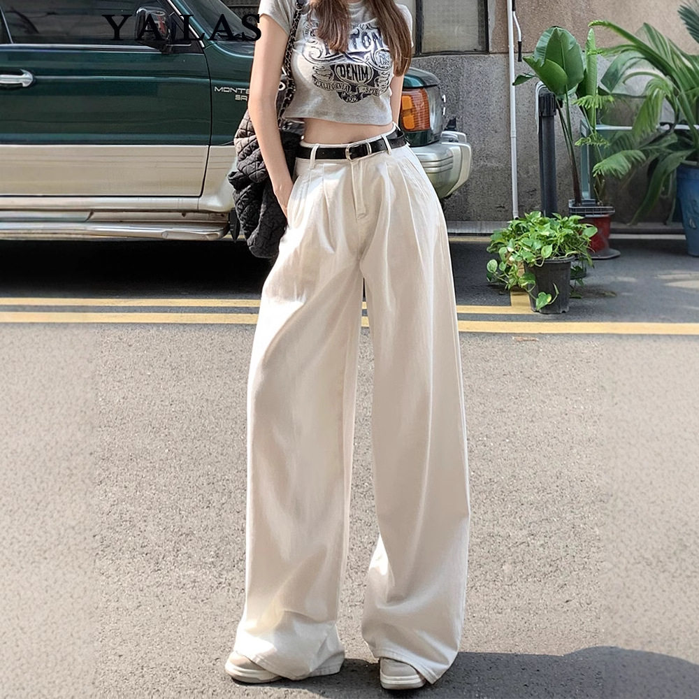 热卖美式女款丝光棉白色阔腿牛仔裤高腰显瘦宽松褶皱慵懒垂感直筒