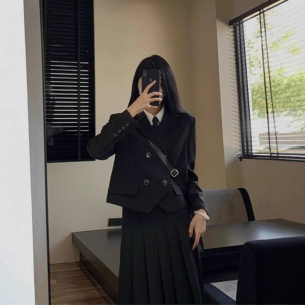 韩系女高腰学院风秋冬百褶套装