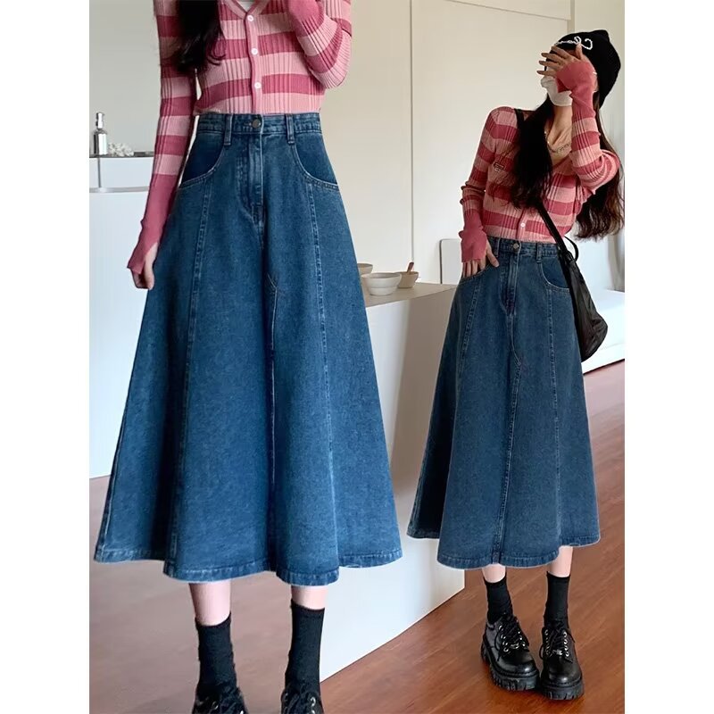 女牛仔裙蓝色新款大码伞裙女梨型身材高腰显瘦中长款牛仔半身裙