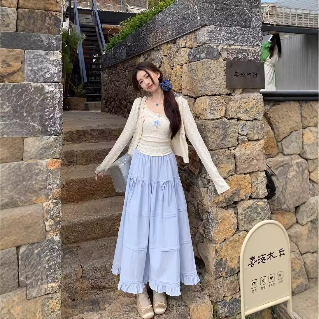 热卖春秋新款甜美奶系穿搭吊带开衫纯欲辣妹碎花蓬蓬半身裙三件套
